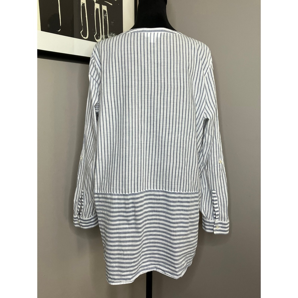 J. Jill Cotton Collarless Mixed Stripe Tunic Roll‎ Tab Sleeves Blue White Large - Picture 4 of 5